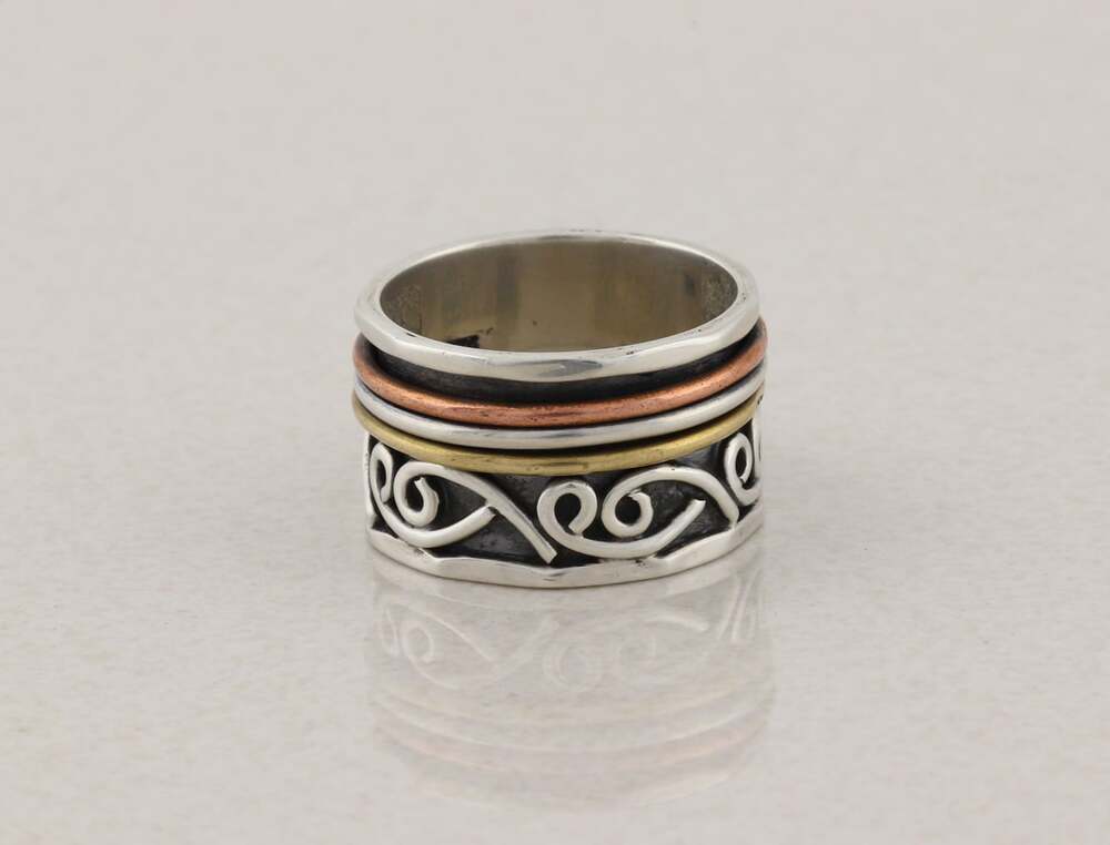 Sterling Silver Unique Thick Band Spinner Ring Bronze & Copper Size 8 - Picture 6 of 7